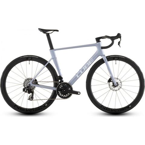 2026 Cube Litening Air C68x Pro road bike features a sleek light gray frame with aerodynamic design and black wheels equipped with disc brakes and high-performance components