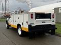 A 2019 Ford F-550 service truck with a white body and yellow stripe featuring utility compartments and a ladder on top