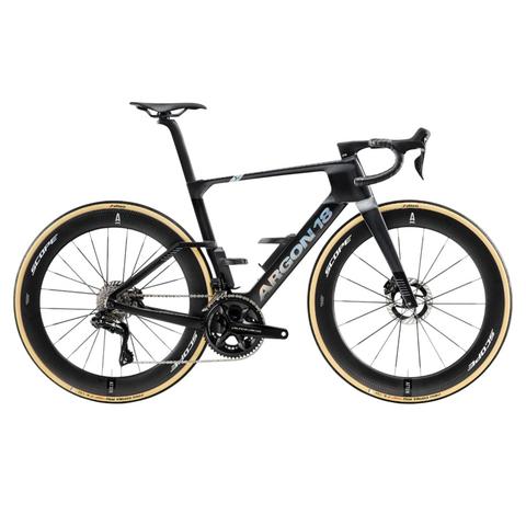 A 2026 Argon 18 Nitrogen Pro Shimano Dura-Ace Di2 Carbon Aero Road Bike featuring a sleek black frame and aerodynamic design with distinctive wheels and components