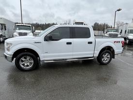 A white 2016 Ford F-150 pickup truck with chrome wheels and a crew cab design parked on a wet surface