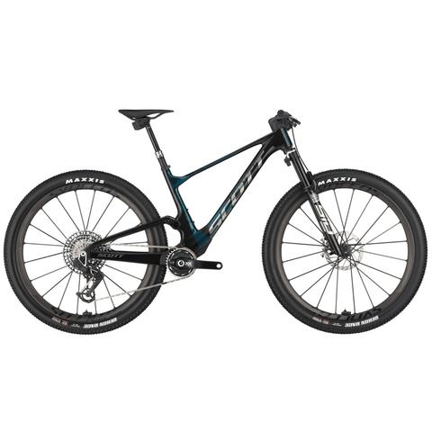 2025 Scott Spark RC SL mountain bike with a sleek frame black and teal design featuring wide tires and high-quality components designed for performance and speed