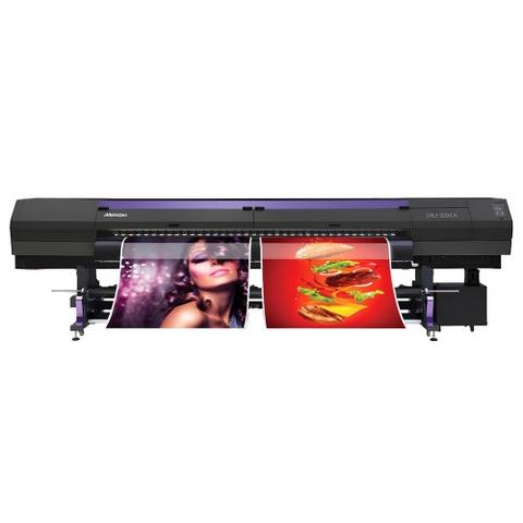 Mimaki SWJ-320EA Solvent Printer displaying prints with images of a woman and a burger on either side of the machine