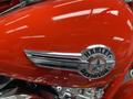 A close-up of a vibrant orange 2024 Harley Davidson Fat Boy showcasing its polished chrome emblem and distinctive tank design