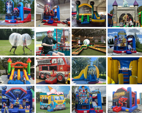 A variety of inflatable structures and party rental equipment including bounce houses obstacle courses and interactive games designed for children's entertainment and events