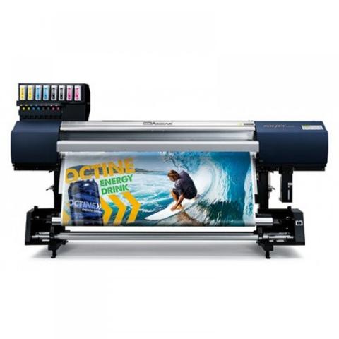 Roland SOLJET EJ-640 large format printer displaying a colorful advertisement featuring a surfer and the text Octine Energy Drink