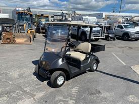 A 2017 Yamaha Golf Cart G29 E with a black body and tan seats featuring a windshield and a rear storage compartment