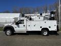 A 2016 Ford F-550 service truck with a white exterior featuring multiple storage compartments and a hydraulic lift system mounted on the back