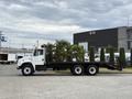 A white 1998 Freightliner FL80 flatbed truck loaded with large palm plants on the back