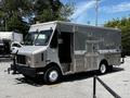 A 2008 Morgan Olson Workhorse delivery truck with a silver exterior and side access door showing an open compartment for cargo transport