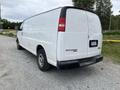 A white 2014 GMC Savana cargo van parked on gravel with a plain rear and no visible windows in the back doors