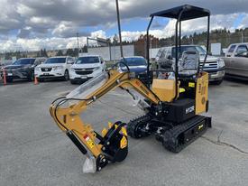 A 2024 AGT Mini Excavator with a yellow and black design featuring a digging arm and tracks, ready for operation