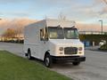 A 2017 Freightliner M Line delivery truck with a white exterior and boxy design parked on a street