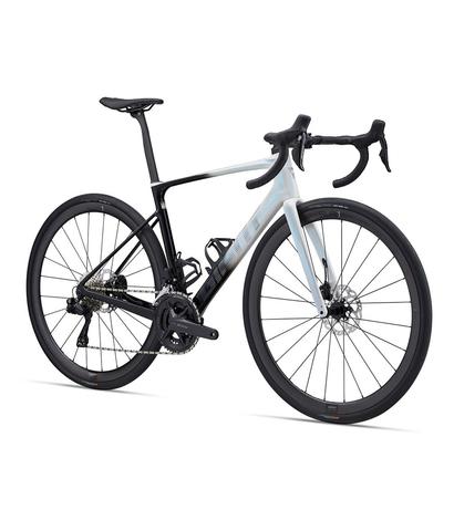 2024 Giant Defy Advanced Pro 1 road bike featuring a lightweight frame sleek design and disc brakes with black wheels and drop handlebars