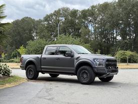 A 2019 Ford F-150 truck with a matte finish and off-road tires parked on a driveway