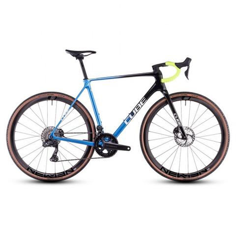 Cube Cross Race C:68X TE 2025 bike in blue and black with yellow accents features disc brakes and thin tires designed for cross racing