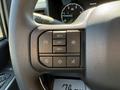 Close-up of a steering wheel control panel featuring buttons for cruise control audio settings and a speedometer in the background