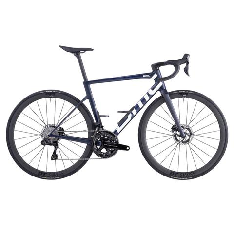 2026 BMC Teammachine SLR 01 TWO carbon performance race road bike features a sleek blue frame and disc brakes with black wheels and drivetrain components