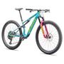 2025 Specialized Epic 8 Pro Mountain Bike featuring a teal frame with yellow lettering pink fork and thick tires designed for rough terrain
