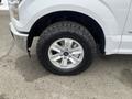 A close-up view of the front wheel of a 2017 Ford F-150 showcasing a silver alloy rim and an off-road tire with deep tread patterns