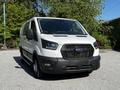 A 2023 Ford Transit van with a white exterior and a black front grille parked in a shaded area with trees in the background