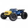 A blue and yellow remote-controlled stunt truck with large black tires and an open truck bed designed for off-road performance and tricks