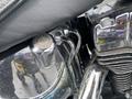 A close-up of a chrome oil cap on a 2008 Harley-Davidson FLSTFI motorcycle engine with shiny metal components and a leather seat texture visible