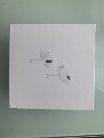 A white box featuring an illustration of AirPods Pro 2 with a slightly angled view displaying the earbuds and their charging stems