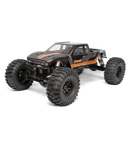 A Redcat Vertex-6 Crawler 1/6 RTR 4WD electric brushless rock crawler with large black tires and a sleek black and orange body design