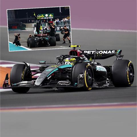 Minichamps Mercedes F1 W15 model car featuring Lewis Hamilton in a racing pose from the 2024 Abu Dhabi Grand Prix in a 1:12 scale