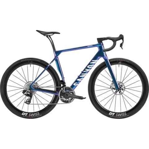 A 2026 Canyon Endurace CFR Carbon Endurance Road Bike featuring a sleek design with a blue and purple color scheme disc brakes and high-performance components