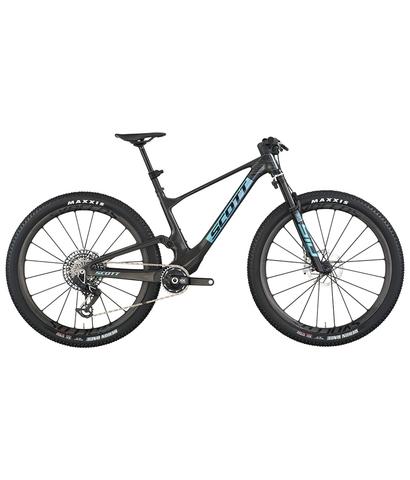 2026 Scott Spark RC SL Mountain Bike featuring a sleek black frame distinctive blue graphics and high-performance tires designed for cross-country riding