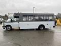 A 2017 Chevrolet Express bus with a white and gray exterior and large windows is parked at an angle showcasing its side profile