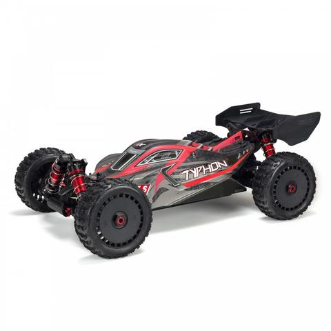A black Arrma 1/8 TYPHON 6S 4X4 RTR Brushless Buggy with red accents large tires and a streamlined design showcasing its off-road capabilities