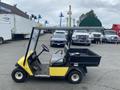 A yellow and black 2000 Ez-go Industrial 800 golf cart with a flatbed and a simple seating area