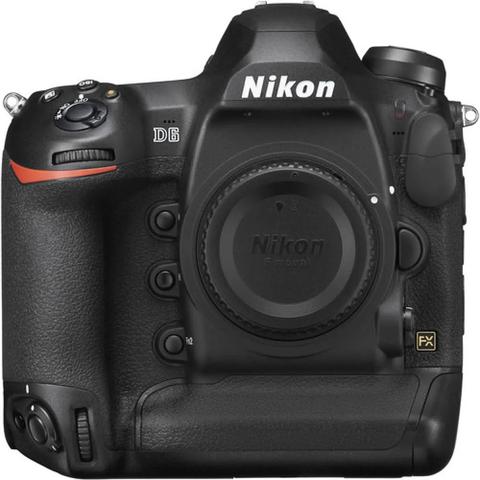A Nikon D6 DSLR camera featuring a black body with various dials buttons and a lens mount without a lens