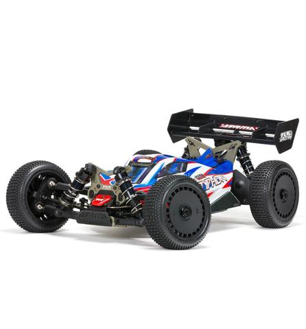 A red and blue Arrma 1/8 Typhon 6S TLR Tuned 4X4 RTR Brushless Buggy with large tires and a prominent rear wing positioned at an angle