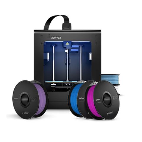 Zortrax M200 Material Bundle 3D Printer featuring an EASYPRINTHEAD with spools of filament in purple and blue colors arranged in front of the printer