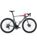 A 2024 BMC Teammachine R 01 Three Road Bike with a sleek gray and red frame featuring aerodynamic design and disc brakes