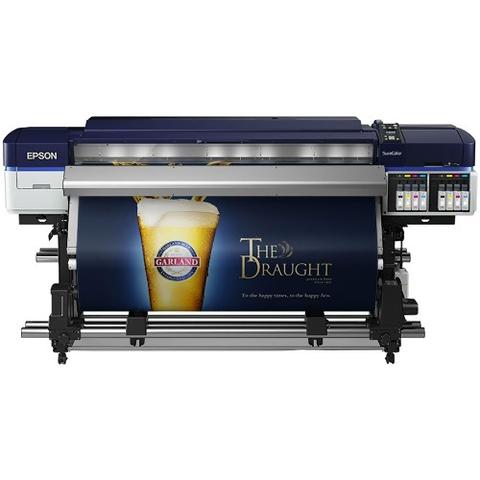 Epson SureColor S60600 Production Edition 64 inch roll to roll solvent dual CMYK printer featuring a beverage advertisement on the output roll
