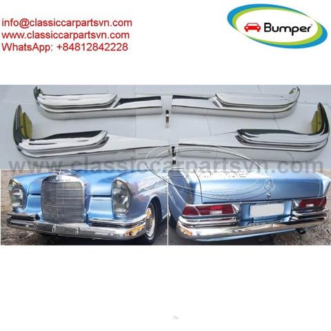 A set of chrome bumpers for a Mercedes W111 Fintail Saloon displayed on a white background