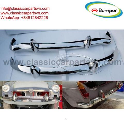 A shiny chrome bumper for an MGB featuring a curved design with smooth edges and mounting points on both ends