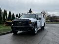 A white 2009 Ford F-550 truck with a service bed and toolboxes, featuring front lights and a sturdy build