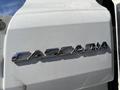 A close-up view of the chrome emblem reading CASCADIA on a white Freightliner truck