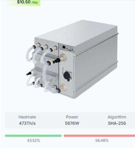 A Bitmain Antminer S21XP Hyd with multiple ports for cooling and power connections displaying its hashrate and power usage information