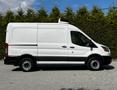 A side view of a 2015 Ford Transit van with a white body and black accents, featuring a smooth exterior and standard wheels