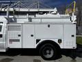 A 2008 Ford F-550 with a white exterior featuring a utility body and mounted equipment for maintenance work
