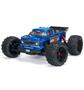 A blue Arrma 1/10 OUTCAST 4S 4X4 RTR Brushless Stunt Truck with large black tires and detailed design features including a truck bed and decals on the body