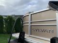 A 2013 Sylvan pontoon boat featuring a beige exterior and silver accents with the name "SYLVAN" prominently displayed on the side