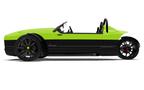 A bright green 2024 Vanderhall Carmel three-wheeled car with a sleek design and black wheels featuring red accents and two seats