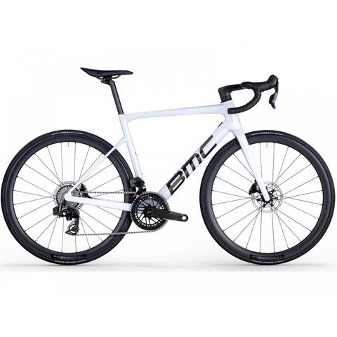 A 2026 BMC Teammachine SLR ONE Carbon Lightweight Road Bike featuring a white frame sleek design and black wheels with Shimano components